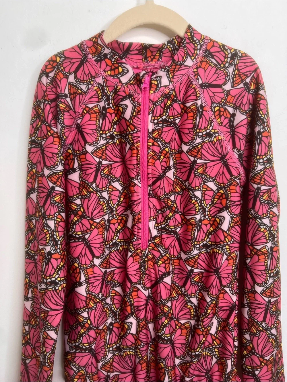 B4 ALL Butterfly Print Long-Sleeve One-Piece Swimsuit with Front Zip Size 10/12